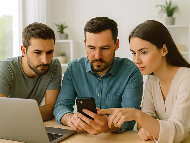 Tim stručnjaka analizira UX/UI i mobilni dizajn web sajta kao kljčni elementi modernog web sajta