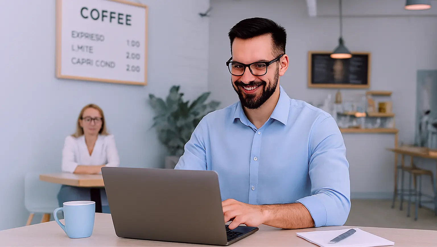 Preduzetnik radi na laptopu u kafiću dok uči kako da napravi web sajt za mali biznis — vodič za početnike